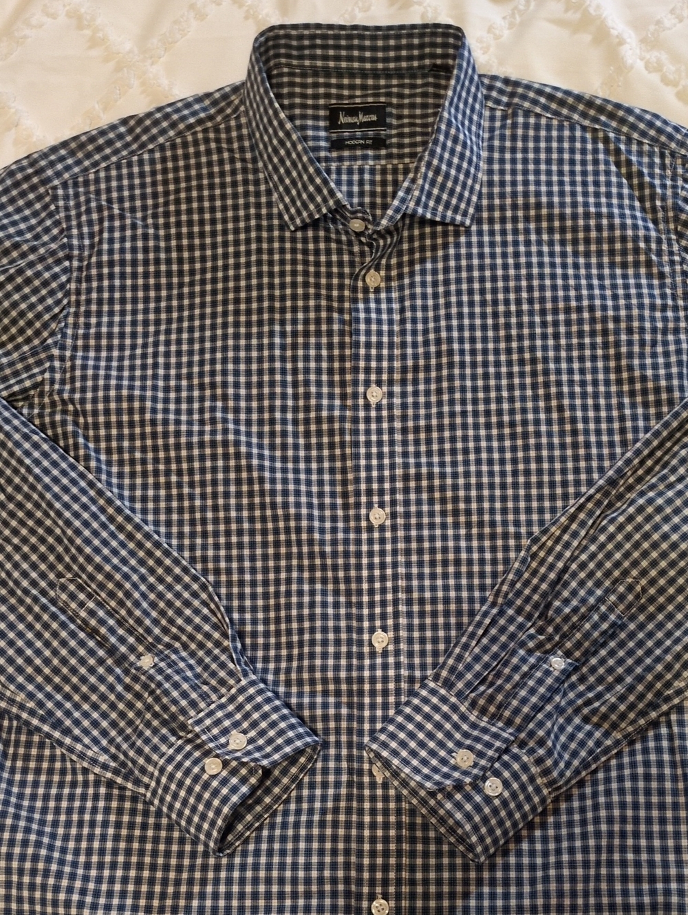 Neiman Marcus Modern Fit XXL Blue and White Checked Dress Shirt Men's